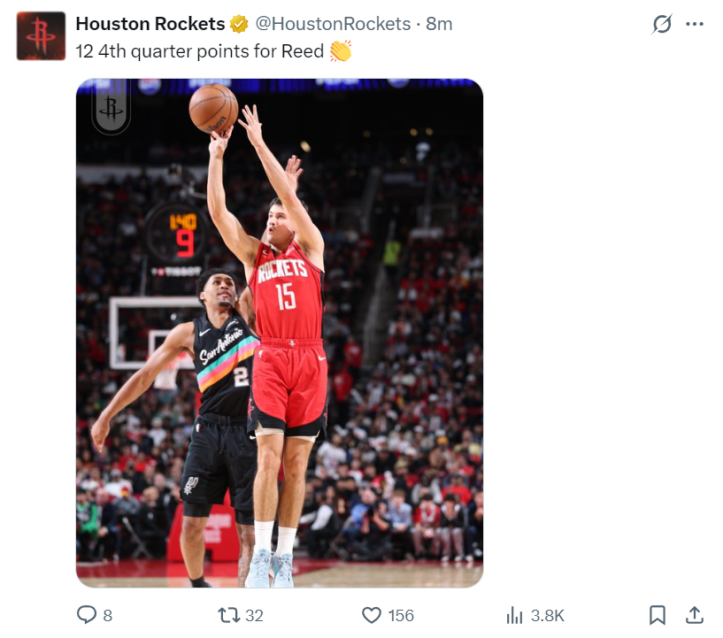 谢泼德末节12分登全美热搜！火箭官方为他鼓掌 休媒盼给核心地位