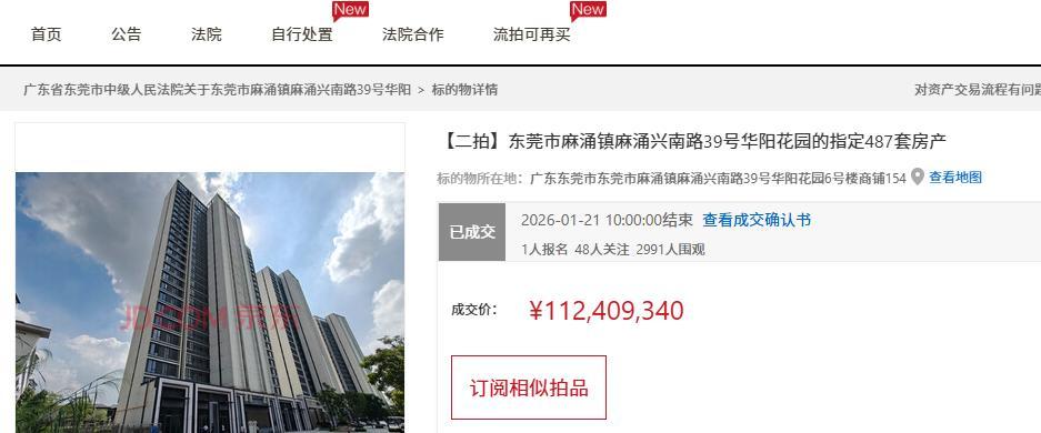 开云入口-东莞市一个小区487套房产打包拍卖，被人底价1.124亿元竞得